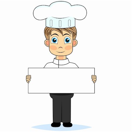 vector illustration of a cute boy chef holding a blank sign. No gradient. Fotografie stock - Microstock e Abbonamento, Codice: 400-04263156