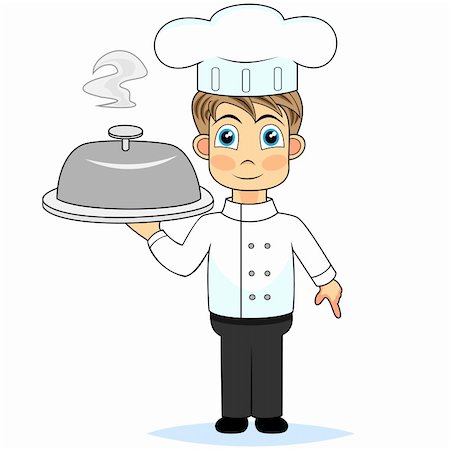 vector illustration of a cute boy chef presenting a meal. No gradient. Fotografie stock - Microstock e Abbonamento, Codice: 400-04263158