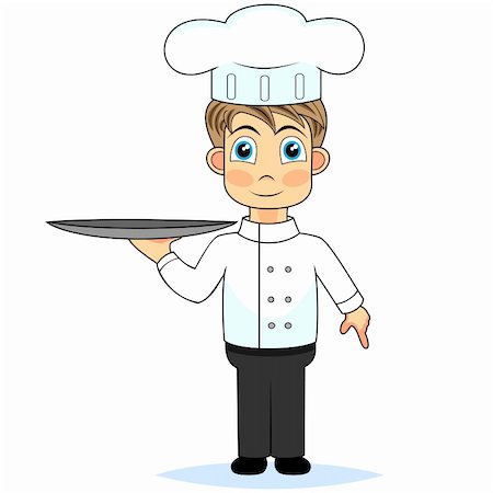 vector illustration of a cute boy chef presenting a meal. No gradient. Fotografie stock - Microstock e Abbonamento, Codice: 400-04263159