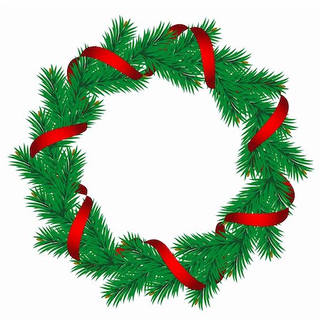 pine wreath on white - Christmas pine garland decorated with red and golden ribbons. Vector. Stock Photo - Budget Royalty-Free & Subscription, Code: 400-04263873