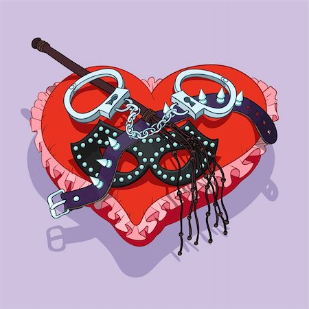 simsearch:400-04274234,k - Valentine's Day BDSM gift: mask, handcuffs, lash and collar are placed on the red heart shaped pad Photographie de stock - Aubaine LD & Abonnement, Code: 400-04274229
