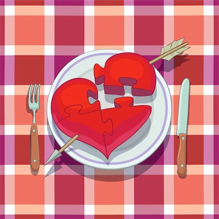simsearch:400-04274234,k - Valentine's Day Lunch: heart with arrow is placed on plate and is subdivided like a puzzle, a fork and a knife are near the plate. Photographie de stock - Aubaine LD & Abonnement, Code: 400-04274231