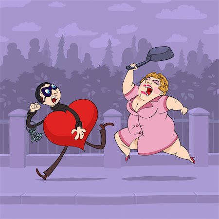 simsearch:400-04274234,k - At Valentine's Day thief steals a heart of a woman and escapes from her, and she follows him with a pan. Photographie de stock - Aubaine LD & Abonnement, Code: 400-04274232