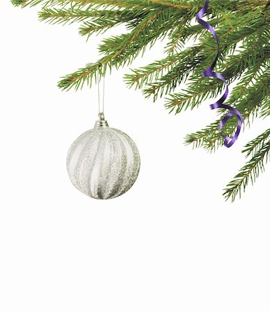 round ornament hanging of a tree - Christmas ball hanging with ribbons on fir tree Stock Photo - Budget Royalty-Free & Subscription, Code: 400-04274353