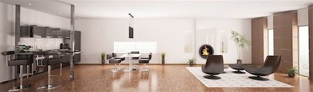 Interior of modern apartment living room kitchen panorama 3d render Stock Photo - Budget Royalty-Free & Subscription, Code: 400-04274366