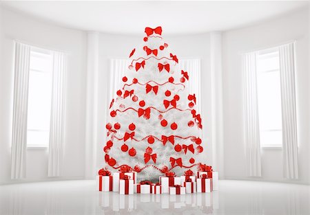 simsearch:400-04241664,k - Christmas tree with red decorations in the white room interior 3d render Stock Photo - Budget Royalty-Free & Subscription, Code: 400-04274649