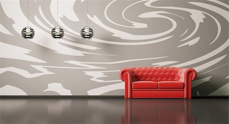 Red sofa in room with pattern on the wall interior 3d Stock Photo - Budget Royalty-Free & Subscription, Code: 400-04274663
