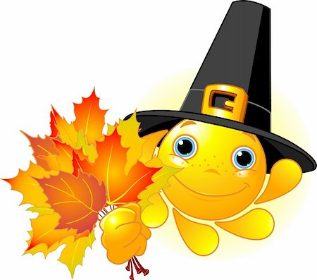 simsearch:400-04112163,k - Cartoon Character of Cute  Sun with pilgrim hat holding autumn leaves Stock Photo - Budget Royalty-Free & Subscription, Code: 400-04275157