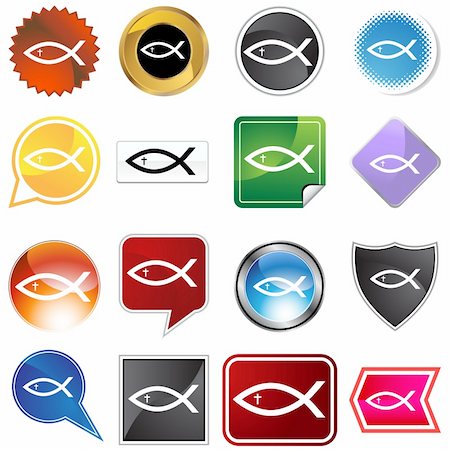 A set of 16 icon buttons in different shapes and colors - religious fish. Stock Photo - Budget Royalty-Free & Subscription, Code: 400-04275223