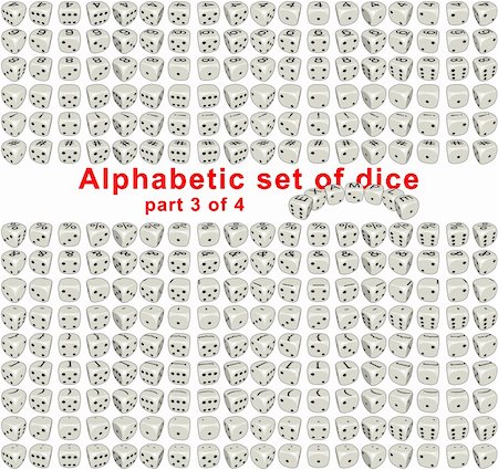 Sprites set Alphabetic Dice it's full set consist from letters, digits and signs on a top side of the dice. Dice are rotated on 360 ãðàäóñîâ with step of 20 degrees. On lateral sides dice looks like usual dice. By means of the given set it is possible to make any inscription from dice. Each sprite have size 256x256 pixels. Part 3 of 4 Photographie de stock - Aubaine LD & Abonnement, Code: 400-04275315