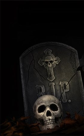 simsearch:400-04634087,k - Spooky tombstone with skull on black background Foto de stock - Super Valor sin royalties y Suscripción, Código: 400-04275435