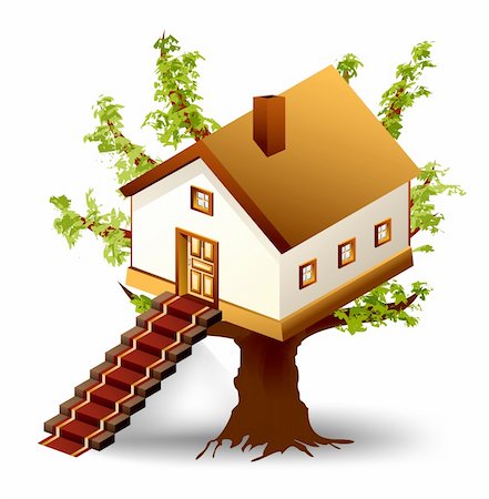 Beautiful little house on tree with ladder. Vector illustration Stock Photo - Budget Royalty-Free & Subscription, Code: 400-04275724