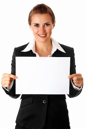 modern business woman holding empty white  paper isolated on white Photographie de stock - Aubaine LD & Abonnement, Code: 400-04275733