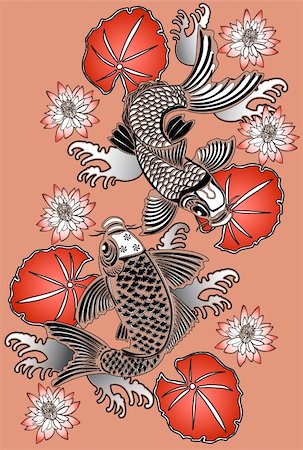 Vector illustration of Koi fishes in traditional Japanese ink style Stock Photo - Budget Royalty-Free & Subscription, Code: 400-04276078
