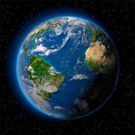 simsearch:400-07420874,k - Planet earth with translucent water of the oceans, atmosphere, volumetric clouds, and detailed topography in outer space Stock Photo - Budget Royalty-Free & Subscription, Code: 400-04276142