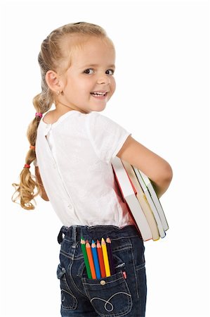 simsearch:400-04131892,k - Little girl with books and pencils prepared to go back to school - isolated Stockbilder - Microstock & Abonnement, Bildnummer: 400-04276219