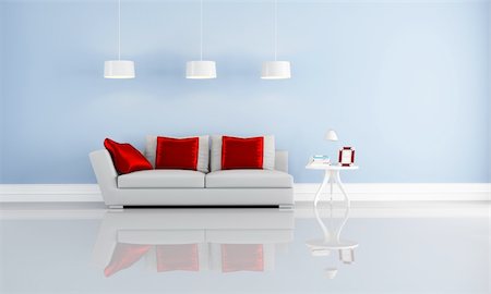 red blue and white living design - modern couch with cushion in a blue minimalist interior-rendering Stock Photo - Budget Royalty-Free & Subscription, Code: 400-04276373