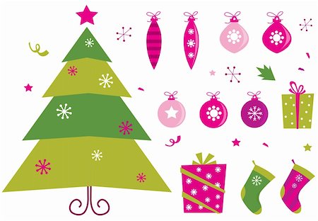 Retro christmas set: pink & green christmas tree, presents and balls. Vector illustration isolated on white background. Stock Photo - Budget Royalty-Free & Subscription, Code: 400-04277127