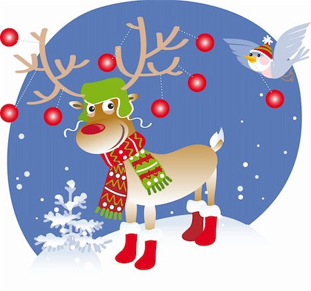 reindeer clip art - Vector illustration of decorated reindeer and bird Stock Photo - Budget Royalty-Free & Subscription, Code: 400-04278386