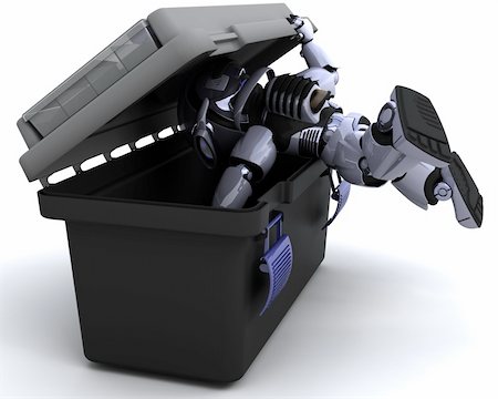 simsearch:400-04310985,k - 3D render of robot searching a toolbox Stock Photo - Budget Royalty-Free & Subscription, Code: 400-04278762