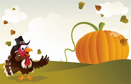 Cartoon illustration of a pilgrim turkey standing in front of a giant pumpkin. Stock Photo - Budget Royalty-Free & Subscription, Code: 400-04270814