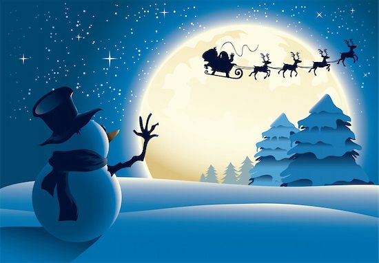 Lonely Snowman waving to Santa and his sleigh in a distance, with full moon background. Stock Photo - Royalty-Free, Artist: LouisDavilla, Image code: 400-04270825