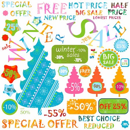 reduced sign in a shop - winter sales, various shapes and colors Stock Photo - Budget Royalty-Free & Subscription, Code: 400-04271270