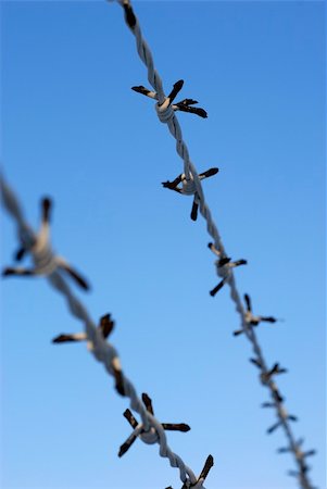 simsearch:400-04735037,k - Close-up of a barbed wire over the blue sky outdoors. Photographie de stock - Aubaine LD & Abonnement, Code: 400-04271425