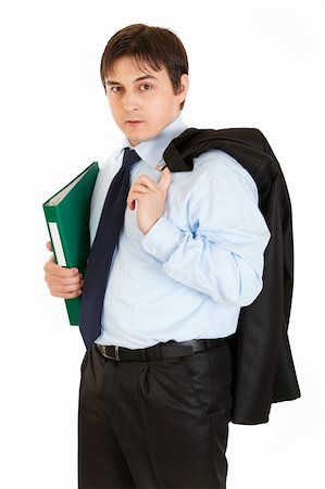 simsearch:400-05285550,k - Thoughtful young businessman with jacket on his shoulder holding folder in  hand isolated on white Stockbilder - Microstock & Abonnement, Bildnummer: 400-04271688