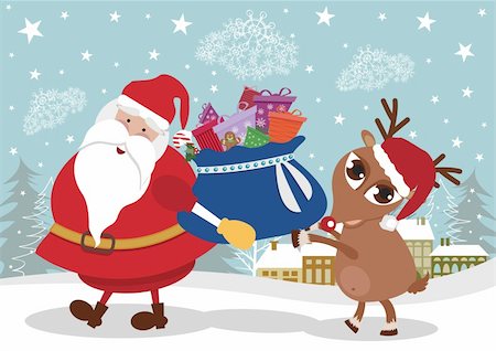 Santa Clause and a reindeer carrying a bag with presents Stock Photo - Budget Royalty-Free & Subscription, Code: 400-04271739