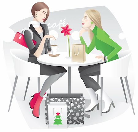 Two young women resting in the cafe and discussing their purchases Stock Photo - Budget Royalty-Free & Subscription, Code: 400-04271862