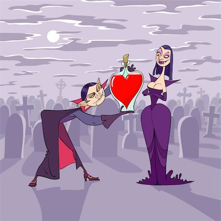 simsearch:400-04243019,k - At night of Valentine's Day vampire presents a heart shaped bottle of blood to his girlfriend Photographie de stock - Aubaine LD & Abonnement, Code: 400-04272420