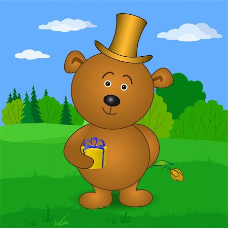 simsearch:400-04787541,k - Holiday vector: teddy bear in cylinder with gift box and flower on meadow Stockbilder - Microstock & Abonnement, Bildnummer: 400-04272458