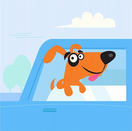 road with dog car - Dog in car window enjoys road trip. Vector Illustration. Stock Photo - Budget Royalty-Free & Subscription, Code: 400-04272535