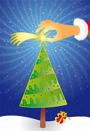 Santa claus hand put a comet star on a christmas tree. Stock Photo - Budget Royalty-Free & Subscription, Code: 400-04272606