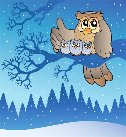 simsearch:400-04267385,k - Owl family in winter - vector illustration. Stockbilder - Microstock & Abonnement, Bildnummer: 400-04272665