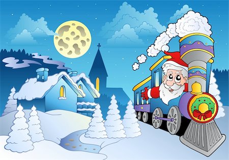 Santa on train near small village - vector illustration. Stock Photo - Budget Royalty-Free & Subscription, Code: 400-04272676