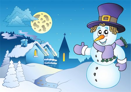 Snowman near small village - vector illustration. Photographie de stock - Aubaine LD & Abonnement, Code: 400-04272684