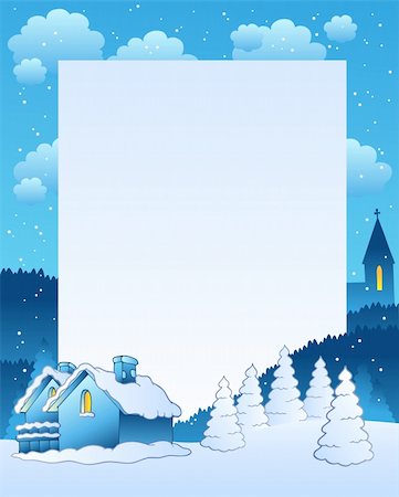 Winter frame with small village - vector illustration. Foto de stock - Super Valor sin royalties y Suscripción, Código: 400-04272728