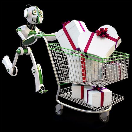 running cart supermarket - robot runs pushing a shopping cart with gifts. isolated on white including clipping path. Stock Photo - Budget Royalty-Free & Subscription, Code: 400-04273044