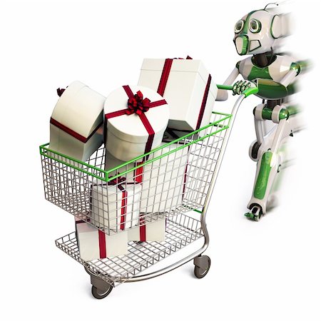 people running to the store to the store - robot runs pushing a shopping cart with gifts. isolated on white including clipping path. Stock Photo - Budget Royalty-Free & Subscription, Code: 400-04273045