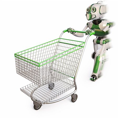 running cart supermarket - robot runs pushing a shopping cart. isolated on white including clipping path. Stock Photo - Budget Royalty-Free & Subscription, Code: 400-04273042
