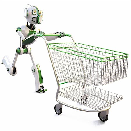 people running to the store to the store - robot runs pushing a shopping cart. isolated on white including clipping path. Stock Photo - Budget Royalty-Free & Subscription, Code: 400-04273043