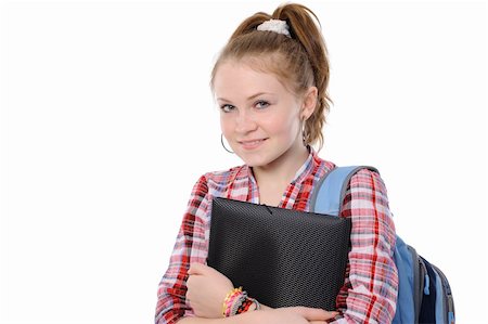 young woman with a folder and a backpack; isolated on a white background Foto de stock - Super Valor sin royalties y Suscripción, Código: 400-04273537