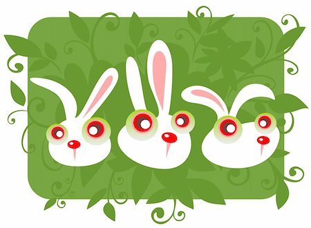 easter rabbit vector - Three cartoon rabbits and grass on a green background. Stock Photo - Budget Royalty-Free & Subscription, Code: 400-04273587