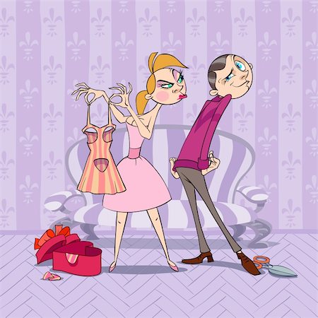 At Valentine's Day boy presents to his girlfriend a dress with tree holes at strange places. She suppose this is a dirty joke. Stock Photo - Budget Royalty-Free & Subscription, Code: 400-04284000