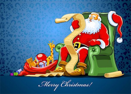 santa suit - santa claus sitting in armchair with sack of gift reading vector illustration Stock Photo - Budget Royalty-Free & Subscription, Code: 400-04284026