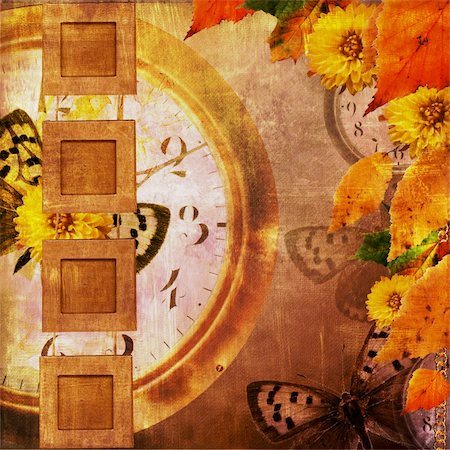 simsearch:400-06557550,k - Old slides on the abstract background with clock, autumn laeves, flowers  and butterfly Stock Photo - Budget Royalty-Free & Subscription, Code: 400-04284347