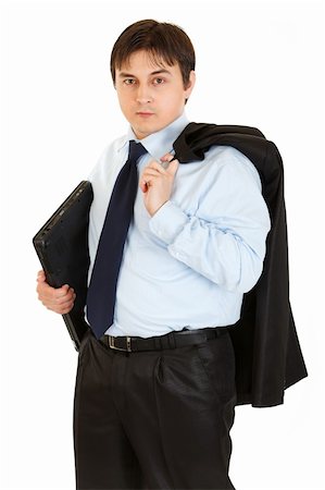 simsearch:400-05285550,k - Thoughtful young businessman with jacket on his shoulder holding folder in  hand isolated on white Stockbilder - Microstock & Abonnement, Bildnummer: 400-04284924