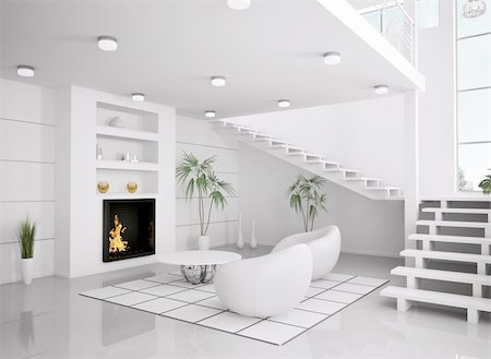 Modern white interior of living room with fireplace and staircase 3d render Stock Photo - Budget Royalty-Free & Subscription, Code: 400-04284993